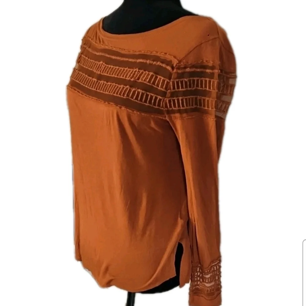 Free People Womens Brown Mesh Inset Tee Casual Trendy Long Sleeve Top S